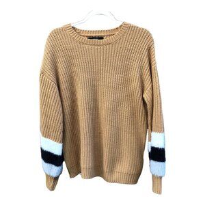 Forever 21 Camel Knit and Fuzzy Stripe Crew Neck Sweater Medium